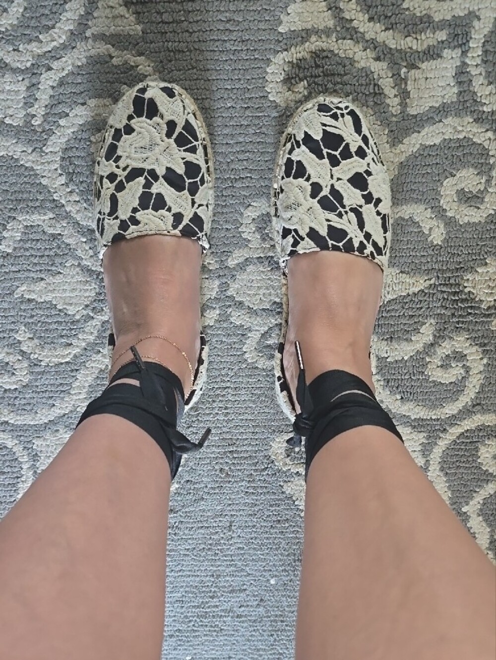 Toms Black and White Lace Espadrille Ankle-Tie Flats